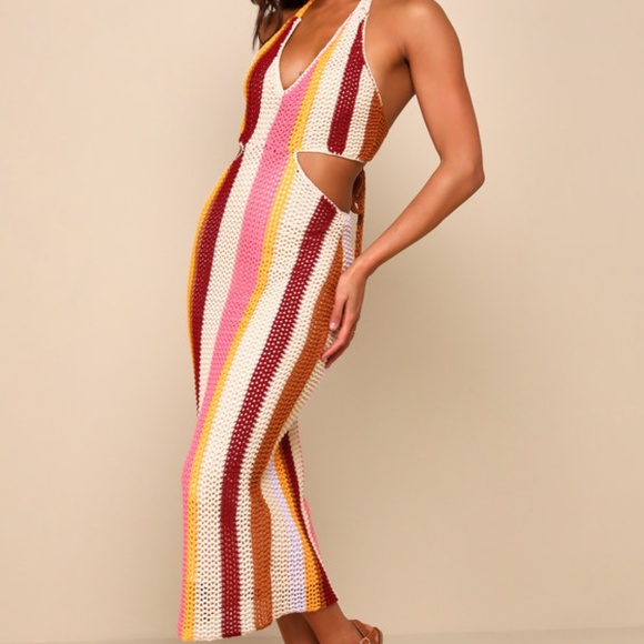 Striped Crochet Halter Midi Dress - Picture 1 of 5